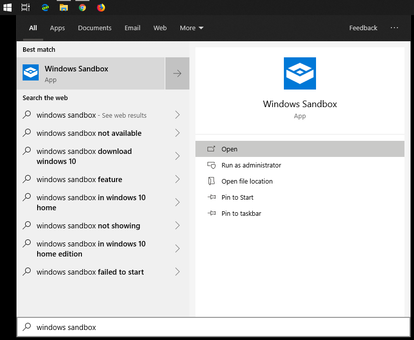 Search and open windows sandbox