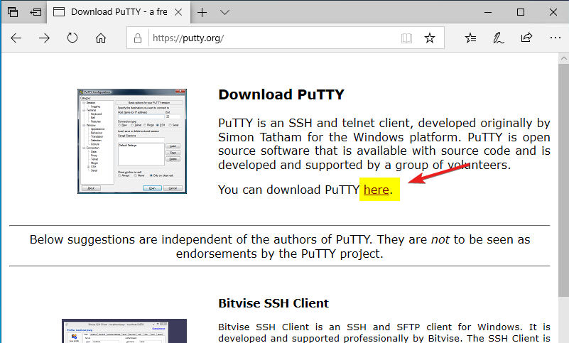 Download Putty on windows