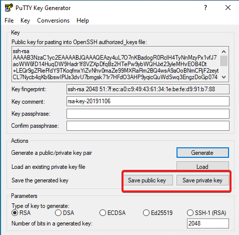 Save SSH keys of PuttyGen on Windows