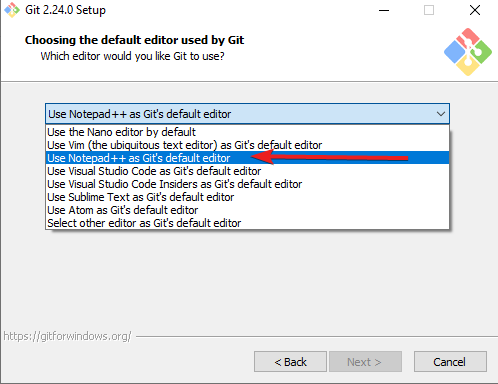 Git Setup select default editor on windows