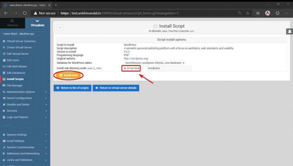 virtualmin selecting top level folder for virtualmin installation