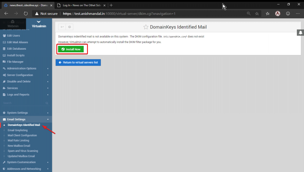 DKIM virtualmin installation