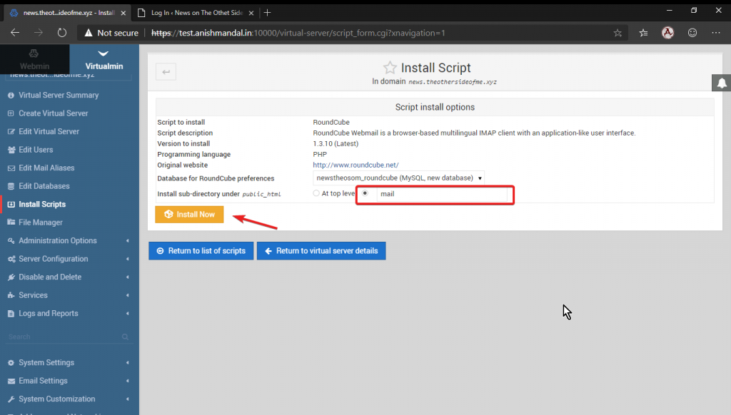 Roundcube subfolder selector virtualmin