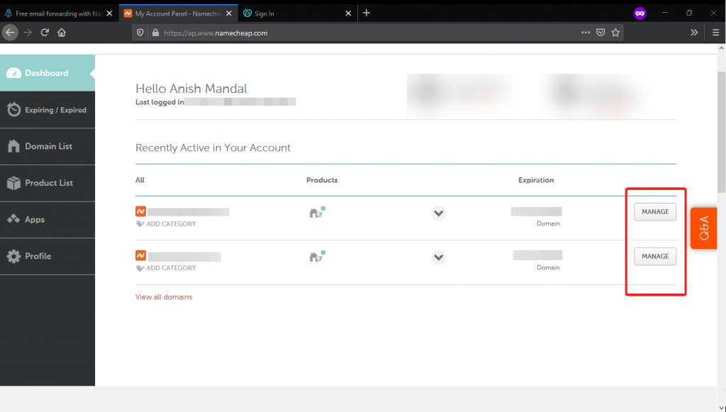 NameCheap Login Dashboard