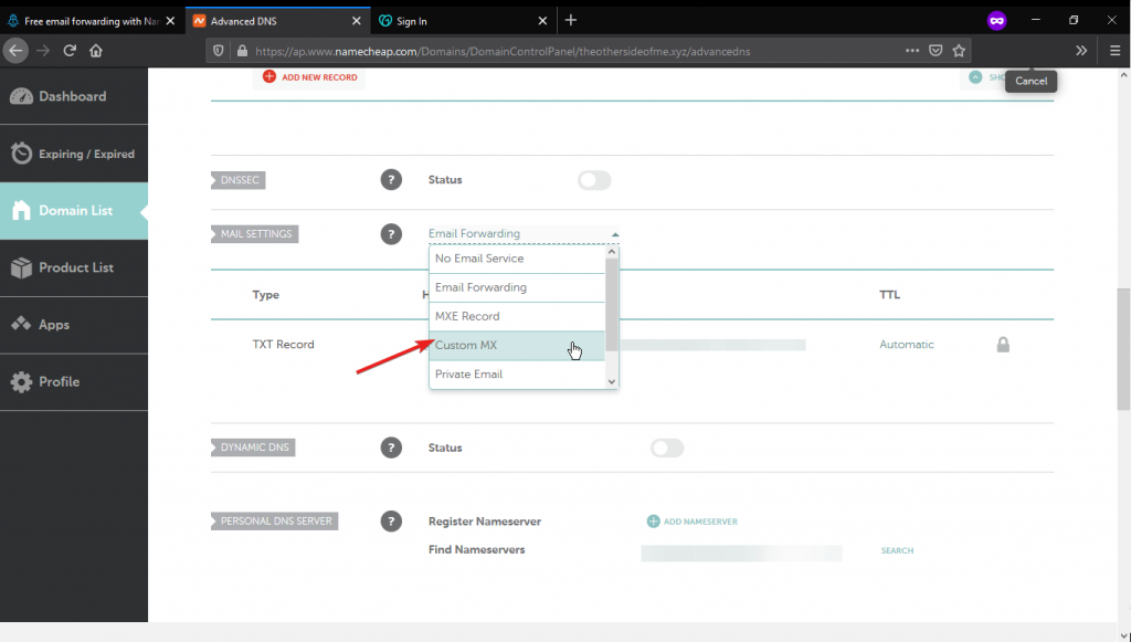 NameCheap advance DNS Setting add MX Record