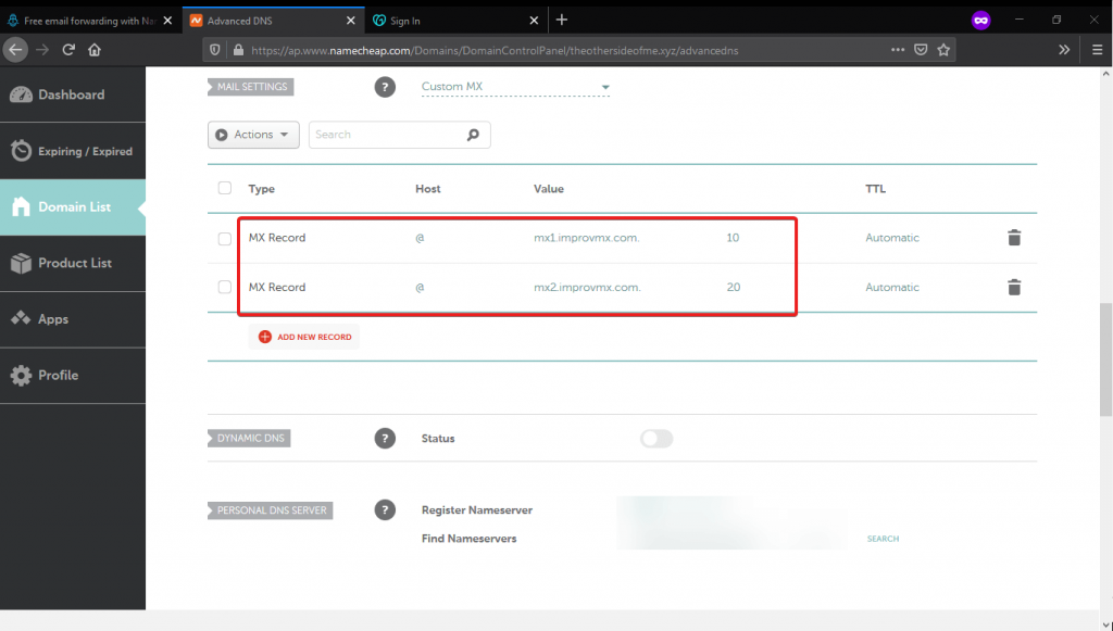 updating improvmx records in namecheap