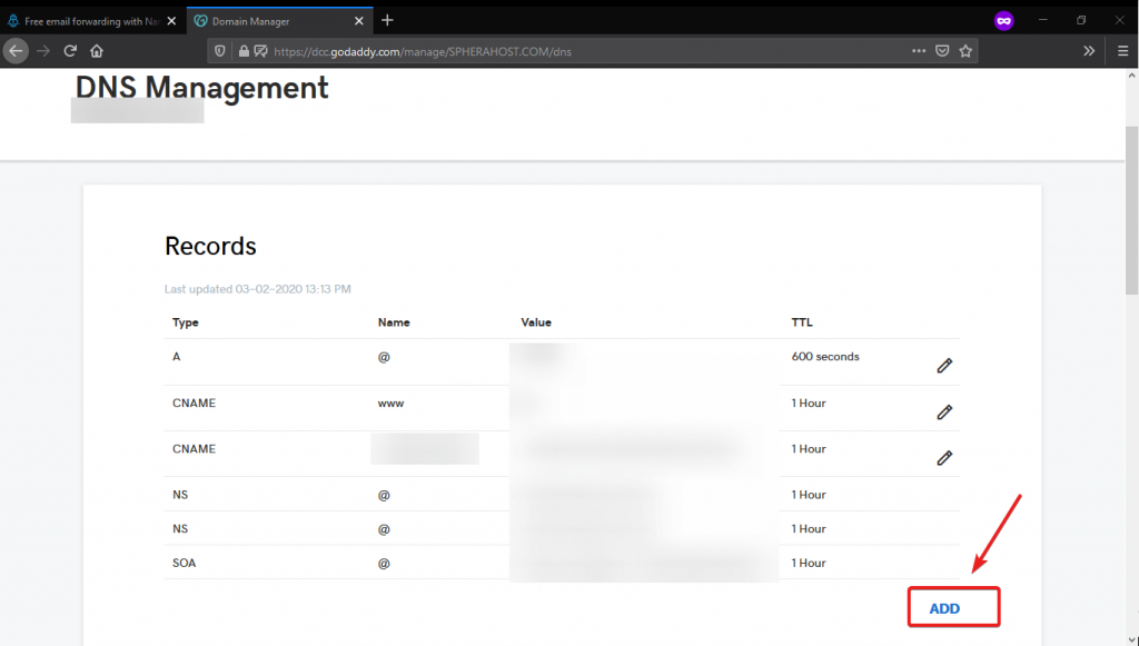 Adding DNS or MX record in godaddy