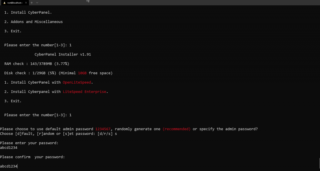 CyberPanel installation admin password selection