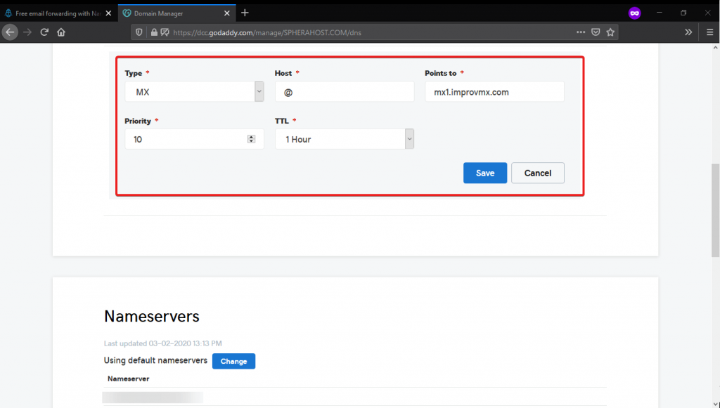 selecting improvmx record in godaddy