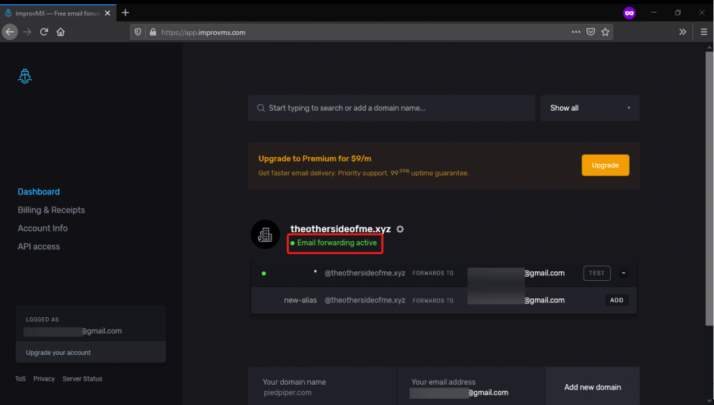 improvmx dashboard