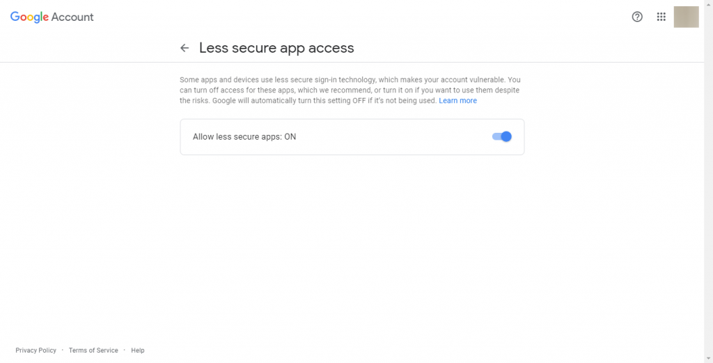 Disabling Less Secure add in Gmail