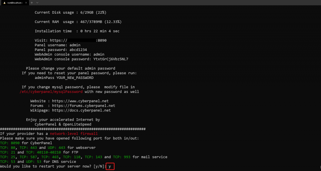 CyberPanel after installation service restarting