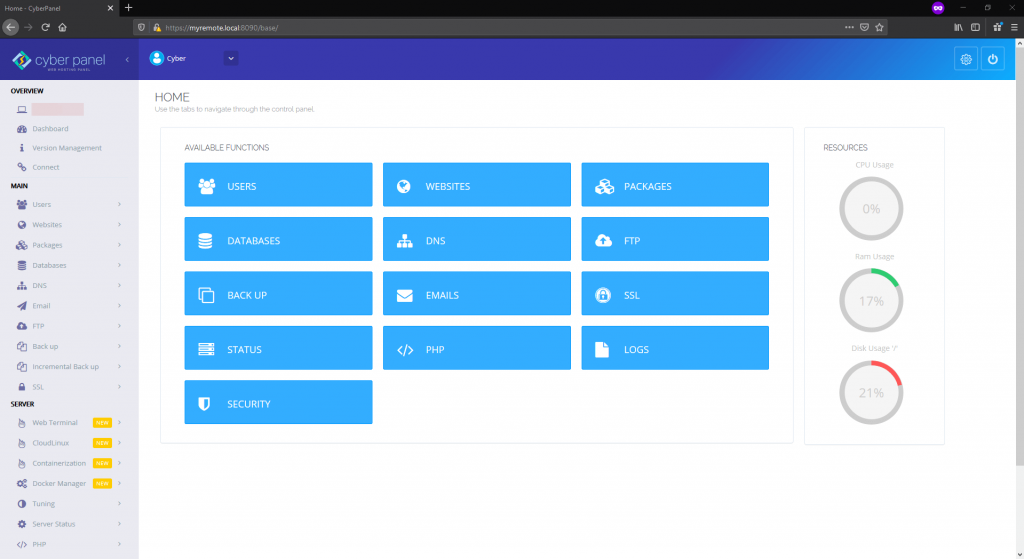 CyberPanel browser admin dashboard