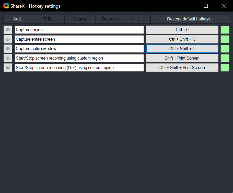 ShareX Preffred keybindings