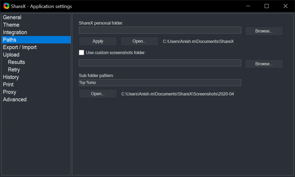 ShareX Application setting Path Selection