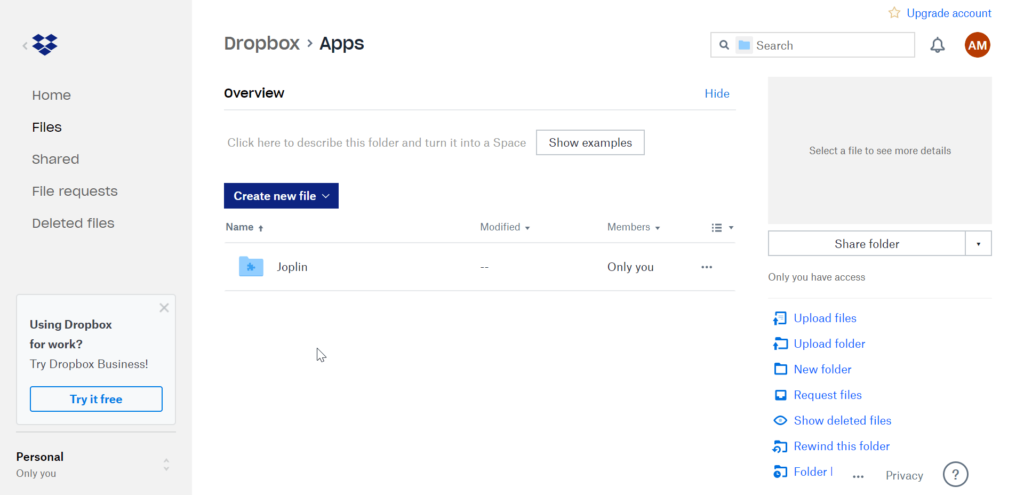 Joplin App Folder in Dropbox