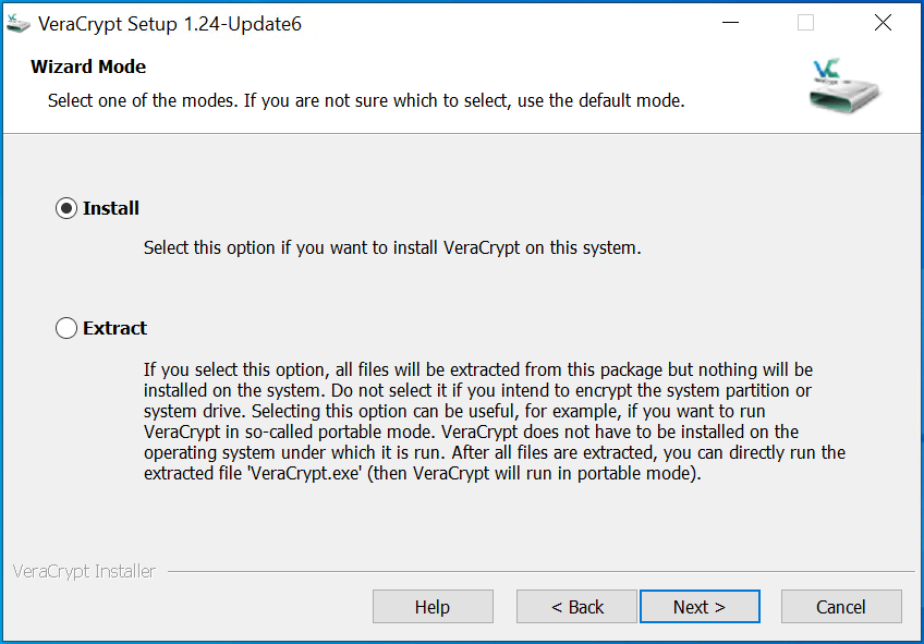 Select Extract in VeraCrypt Installation