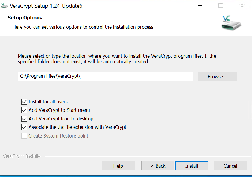 installation location in VeraCrypt Installation