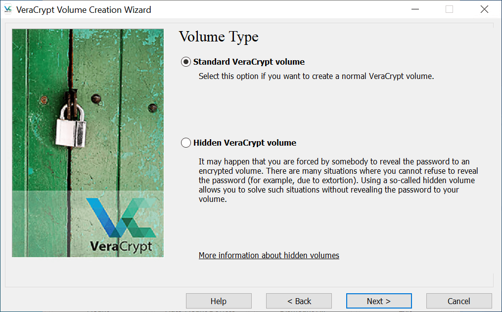 Selecting Standard Volume in VeraCrypt