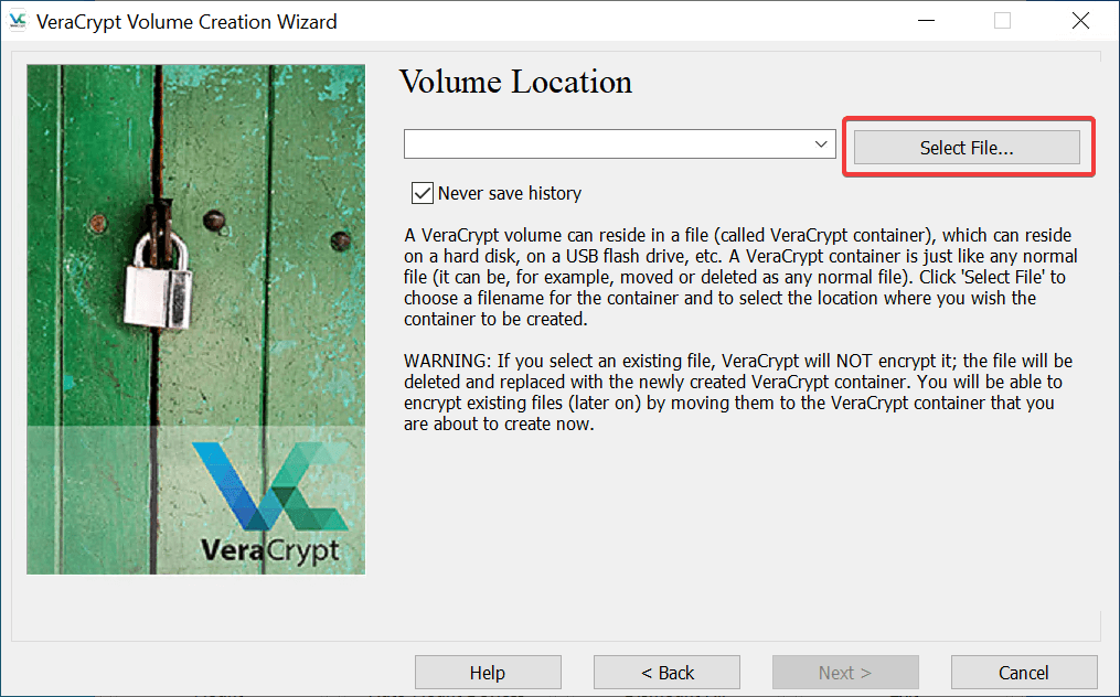 Selecting hc file location VeraCrypt