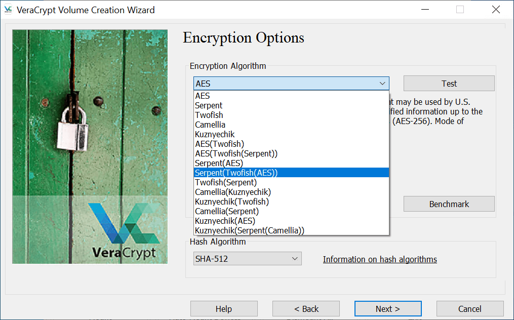 Selecting Encryption in VeraCrypt