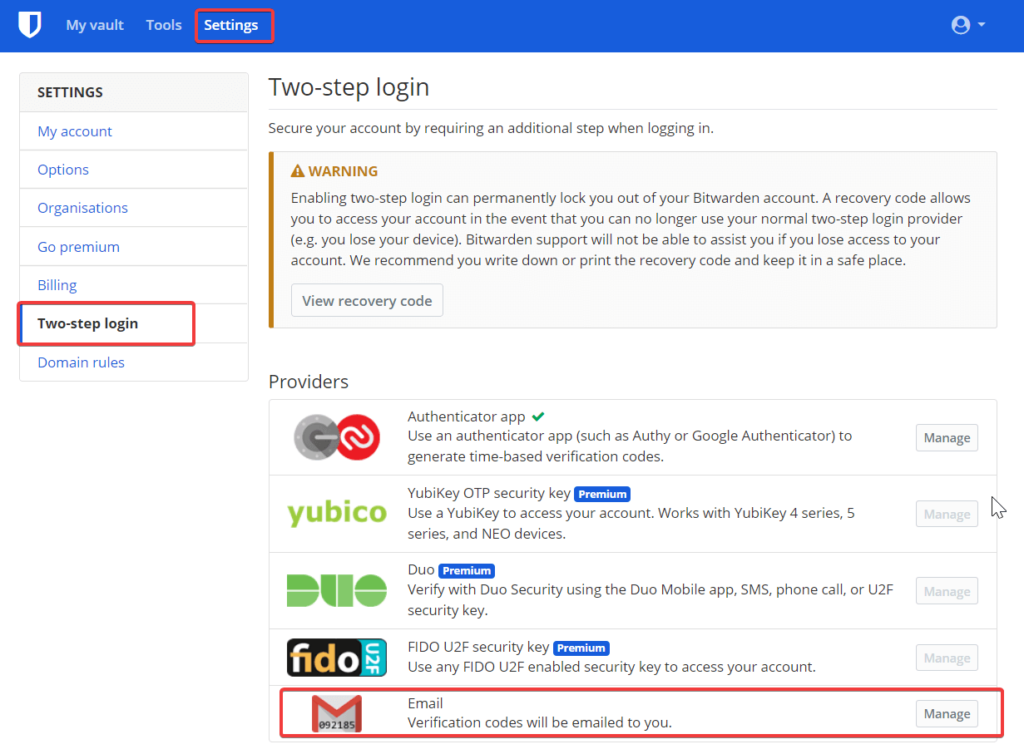 Bitwarden Two step login