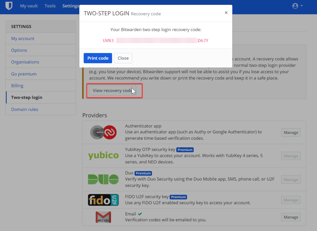 Bitwarden Recovery Code