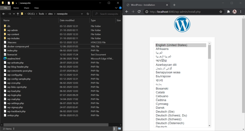 Docker wordpress container and web server