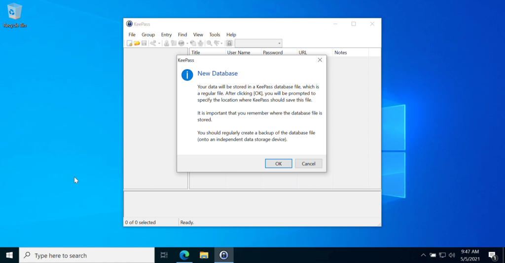 KeePass Password Manager Application New Database Warning