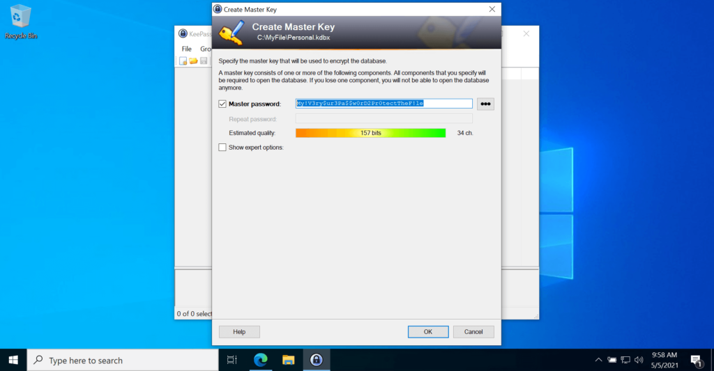 KeePass Password Manager Application New Database Masterpassword