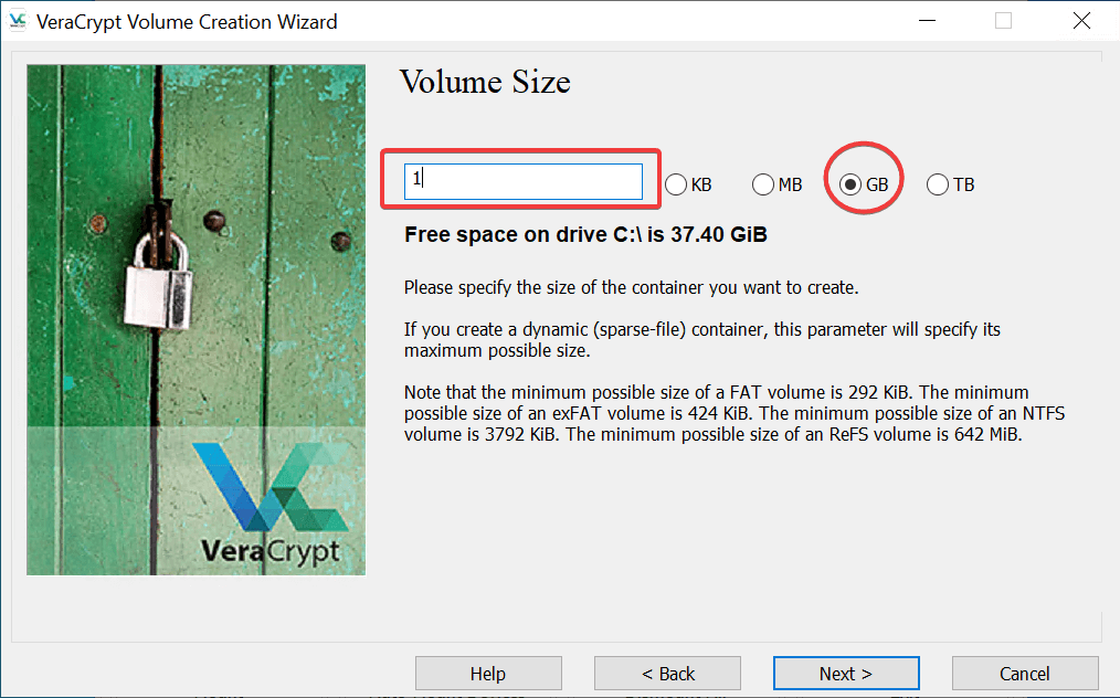 Volume Size Selection in VeraCrypt