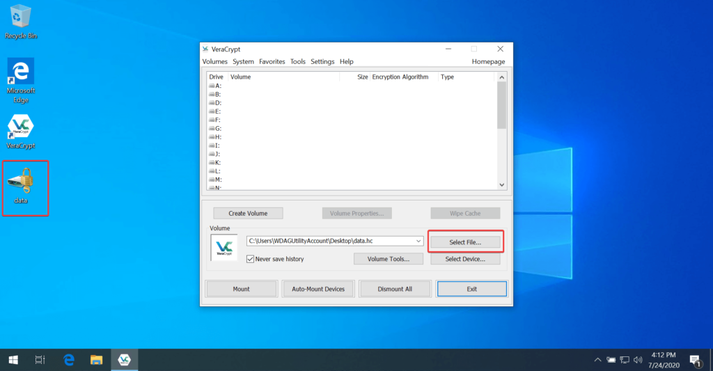 Selecting Volume for Mount VeraCrypt