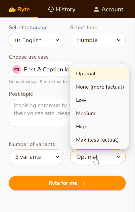 rytr.me creativity level selection