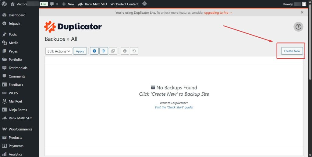 Create new backup of duplicator