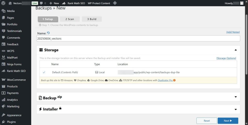 Setup backup in Duplicator