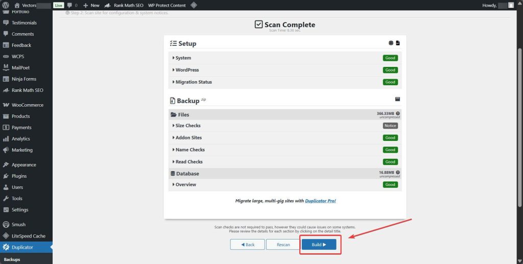 Backup requirement scan in Duplicator