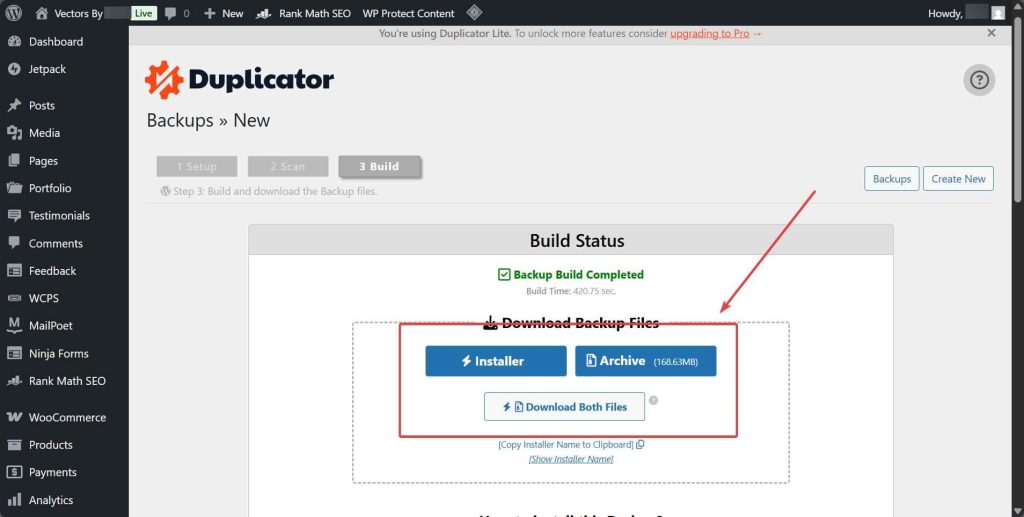 Download Backup file in duplicator