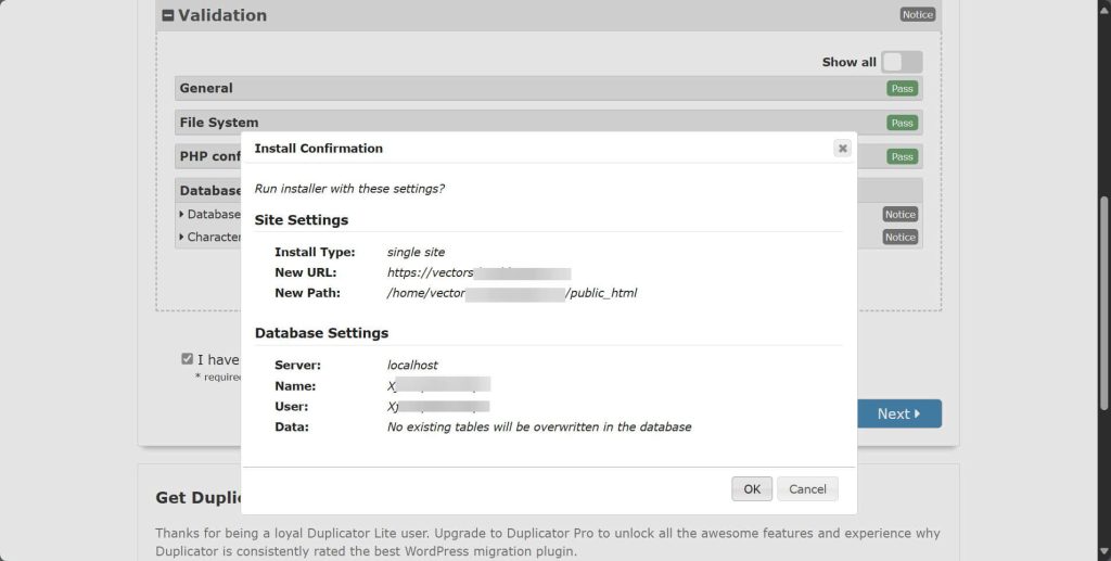 duplicator restore notification