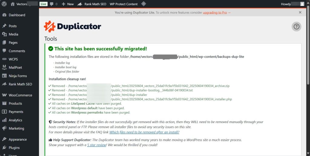 duplicator successful site migration